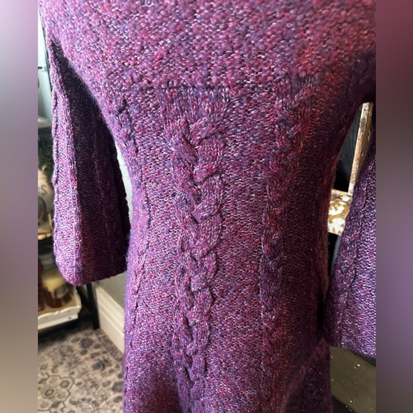 Free People Women Size XS Purple Cable Knit 3/4 Bell Sleeve Tunic Sweater Dress - Picture 6 of 7